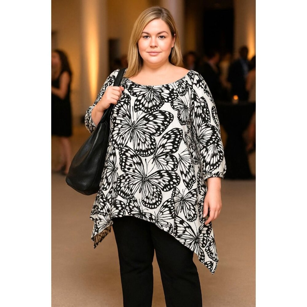 Woman's Linen Butterfly Print Top Tunic Linen Black & White Sz.2X Fairy Flowy